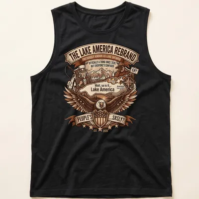 Eagle with a shield and map in vintage style on Lake America — printed on a tank top