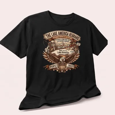 Eagle with a shield and map in vintage style on Lake America — printed on a unisex t-shirt (angled view)