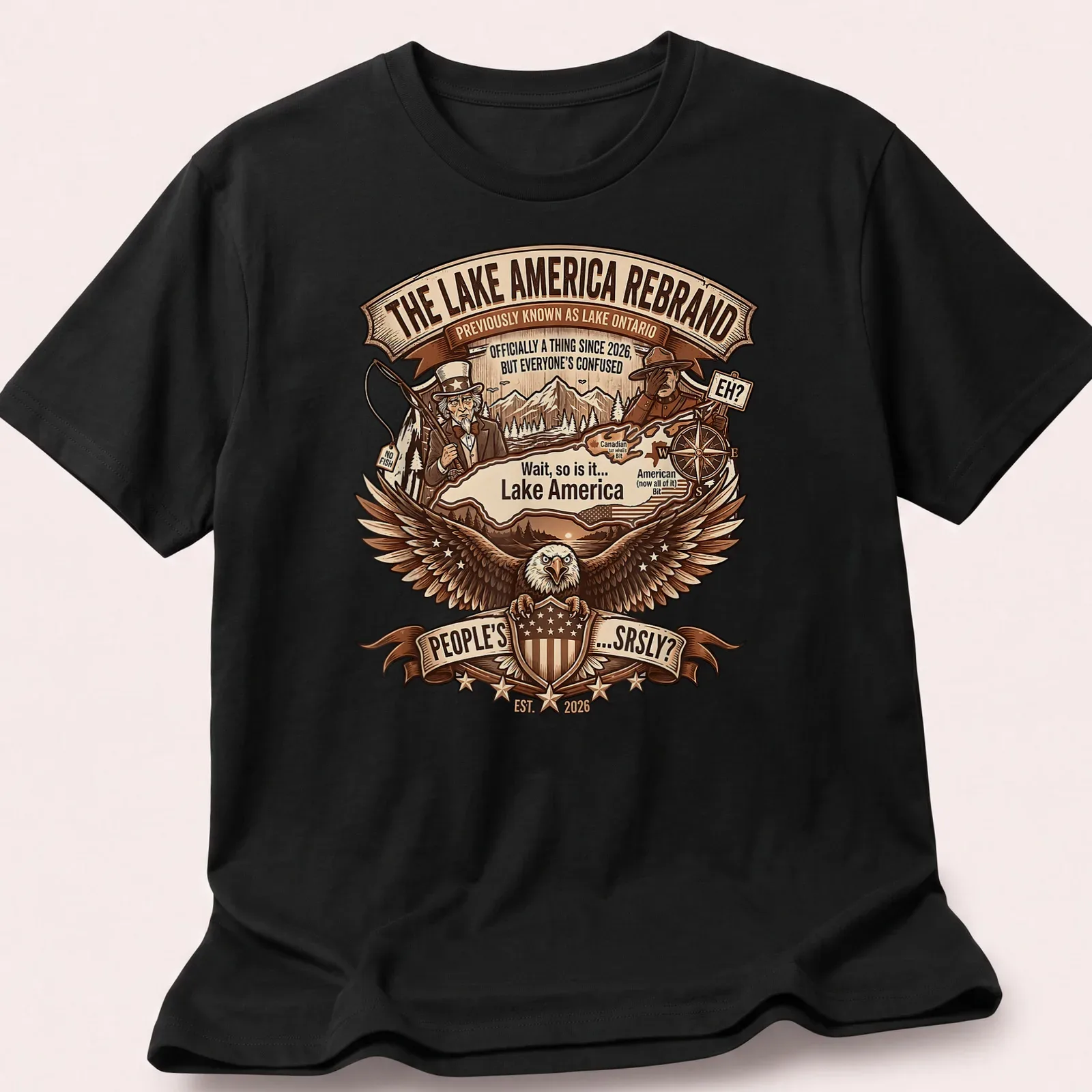Eagle with a shield and map in vintage style on Lake America — printed on a unisex t-shirt