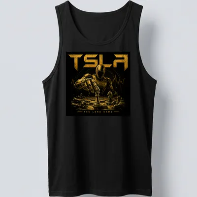 Illustrated robot playing chess with the text 'TSLA THE LONG GAME' in gold and black — printed on a tank top