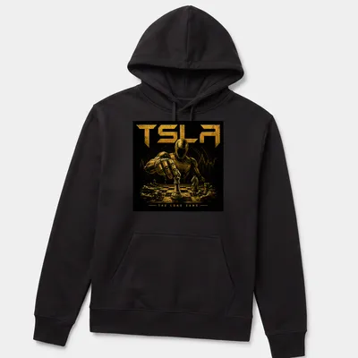 Illustrated robot playing chess with the text 'TSLA THE LONG GAME' in gold and black — printed on a unisex hoodie