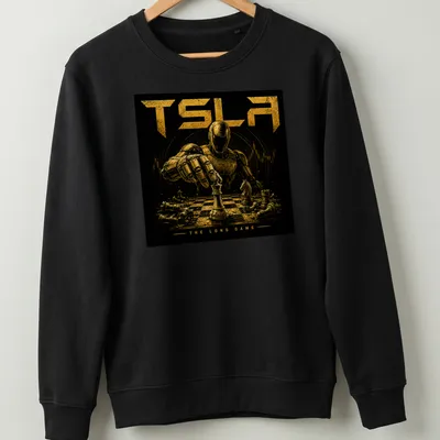 Illustrated robot playing chess with the text 'TSLA THE LONG GAME' in gold and black — printed on a unisex sweatshirt