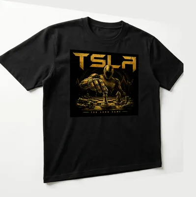 Illustrated robot playing chess with the text 'TSLA THE LONG GAME' in gold and black — printed on a unisex t-shirt (angled view)