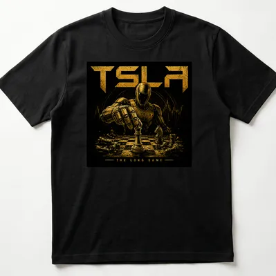 Illustrated robot playing chess with the text 'TSLA THE LONG GAME' in gold and black