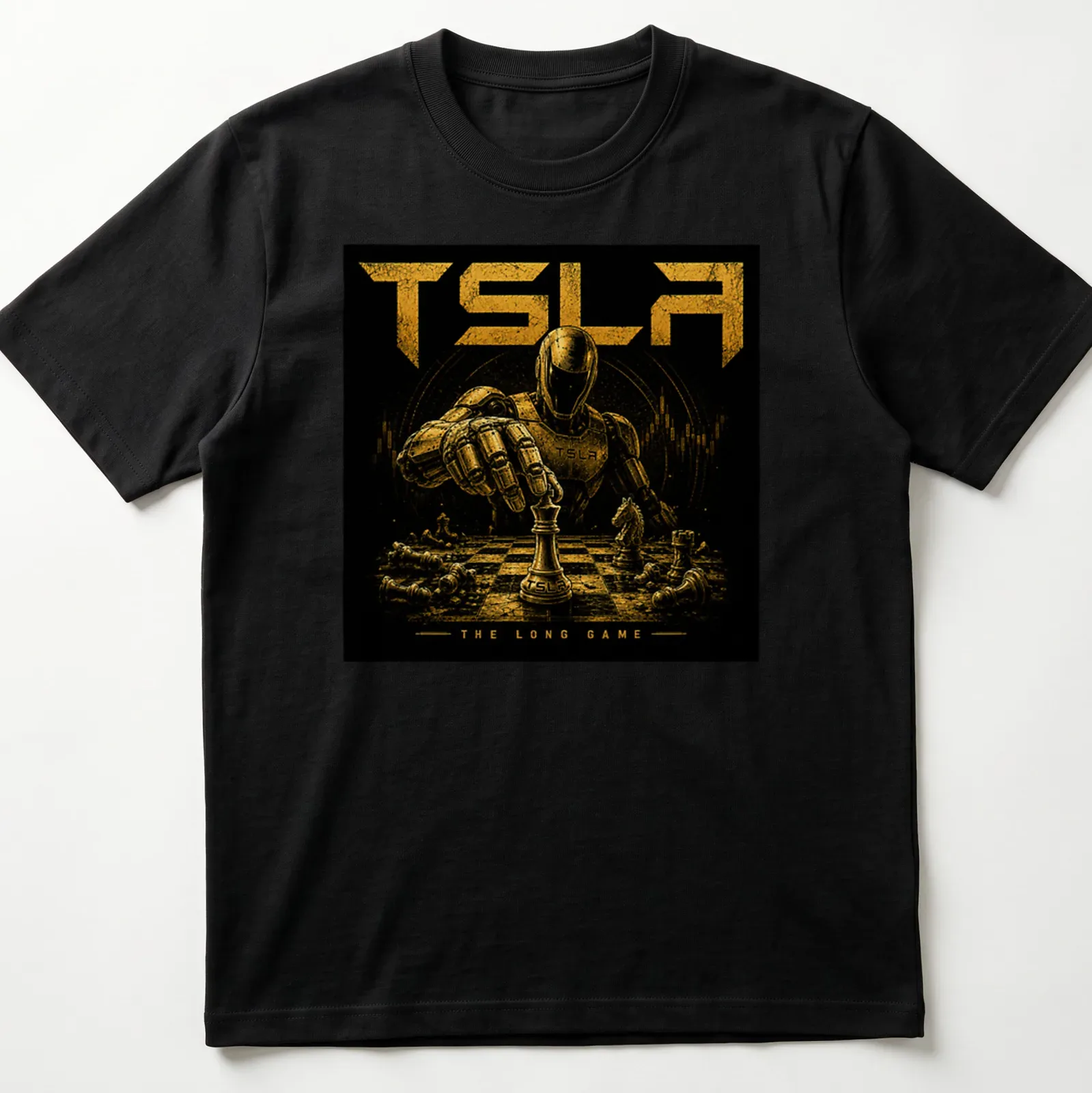 Illustrated robot playing chess with the text 'TSLA THE LONG GAME' in gold and black — printed on a unisex t-shirt