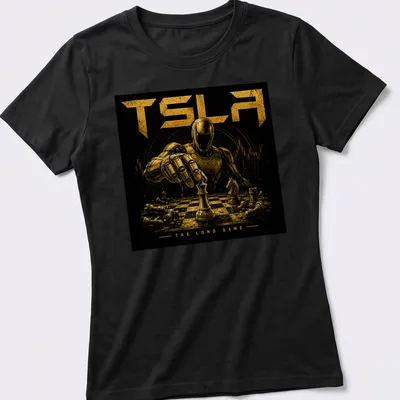 Illustrated robot playing chess with the text 'TSLA THE LONG GAME' in gold and black — printed on a women's shirt