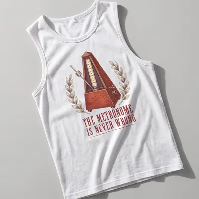 Vintage illustration of a metronome with humorous text about timing. — printed on a tank top