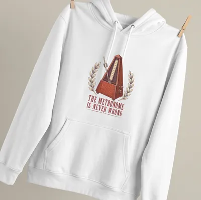 Vintage illustration of a metronome with humorous text about timing. — printed on a unisex hoodie