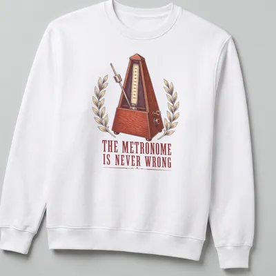 Vintage illustration of a metronome with humorous text about timing. — printed on a unisex sweatshirt