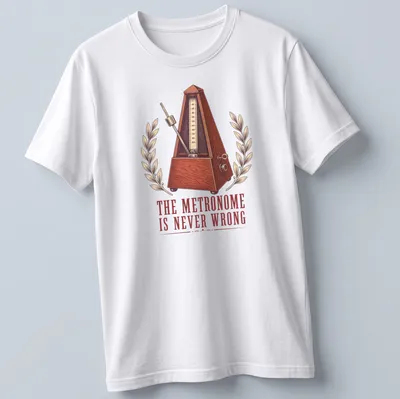 Vintage illustration of a metronome with humorous text about timing. — printed on a unisex t-shirt