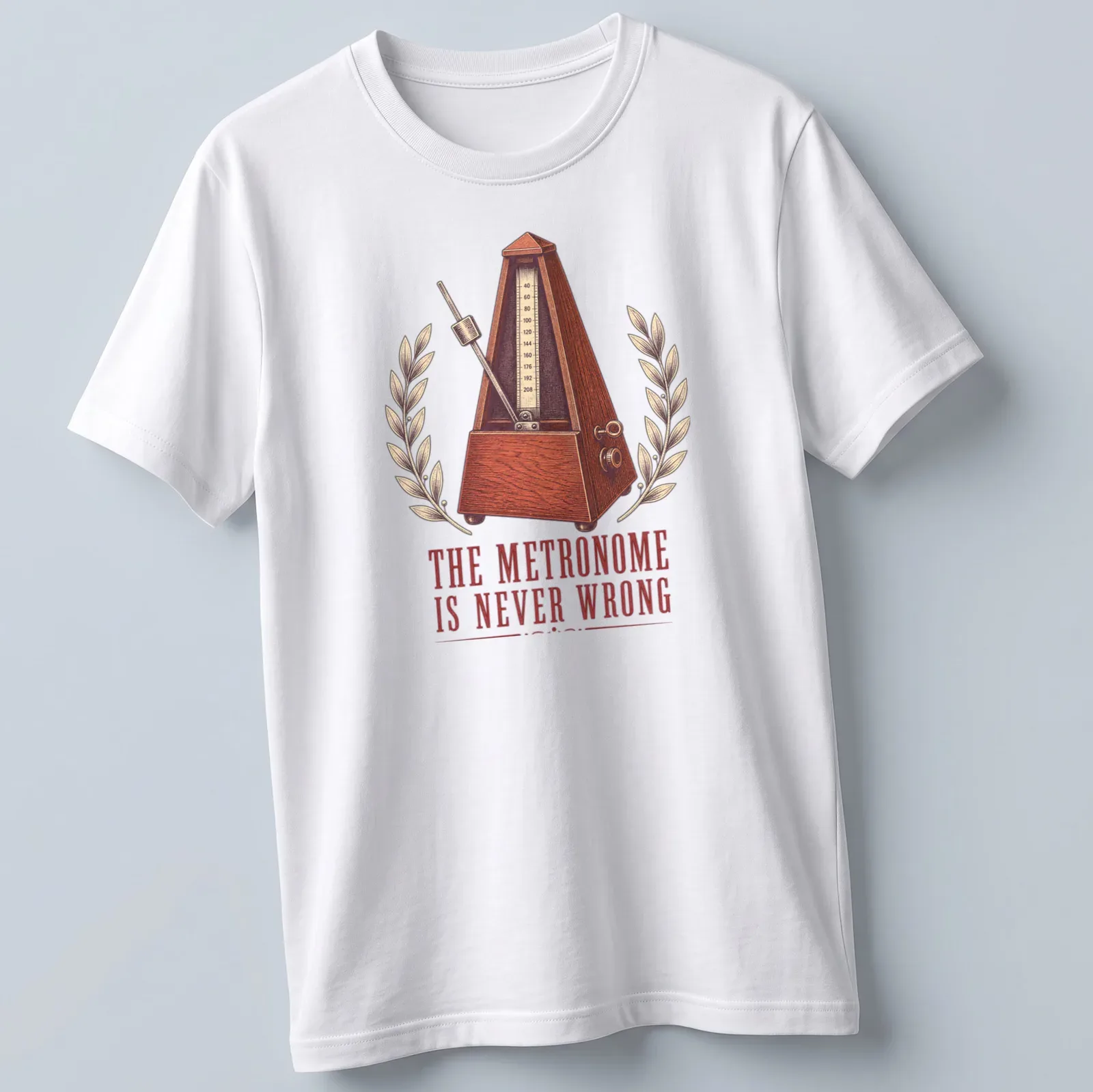 Vintage illustration of a metronome with humorous text about timing. — printed on a unisex t-shirt