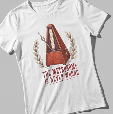 Vintage illustration of a metronome with humorous text about timing. — printed on a women's shirt