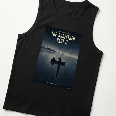 Minimal illustration of silhouetted figures in a boat, with text from The Godfather Part II — printed on a tank top