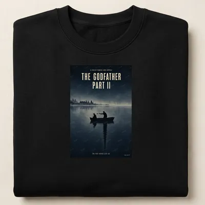 Minimal illustration of silhouetted figures in a boat, with text from The Godfather Part II — printed on a unisex sweatshirt