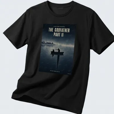 Minimal illustration of silhouetted figures in a boat, with text from The Godfather Part II — printed on a unisex t-shirt