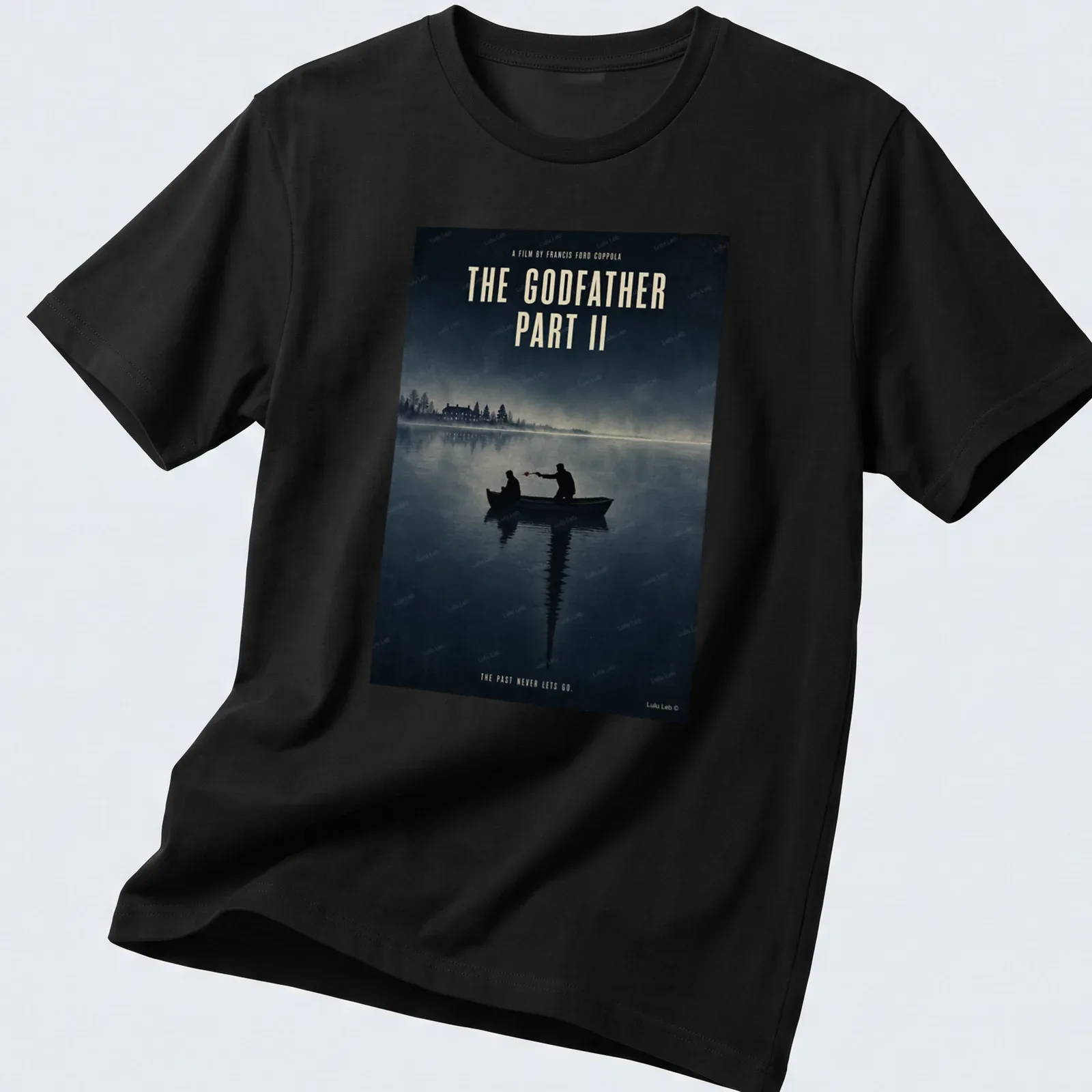 Minimal illustration of silhouetted figures in a boat, with text from The Godfather Part II — printed on a unisex t-shirt