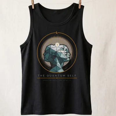Illustration of geometric human profiles with printed text about consciousness and identity. — printed on a tank top