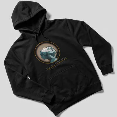 Illustration of geometric human profiles with printed text about consciousness and identity. — printed on a unisex hoodie