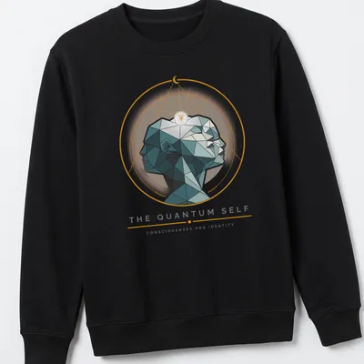 Illustration of geometric human profiles with printed text about consciousness and identity. — printed on a unisex sweatshirt