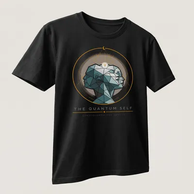 Illustration of geometric human profiles with printed text about consciousness and identity. — printed on a unisex t-shirt (angled view)