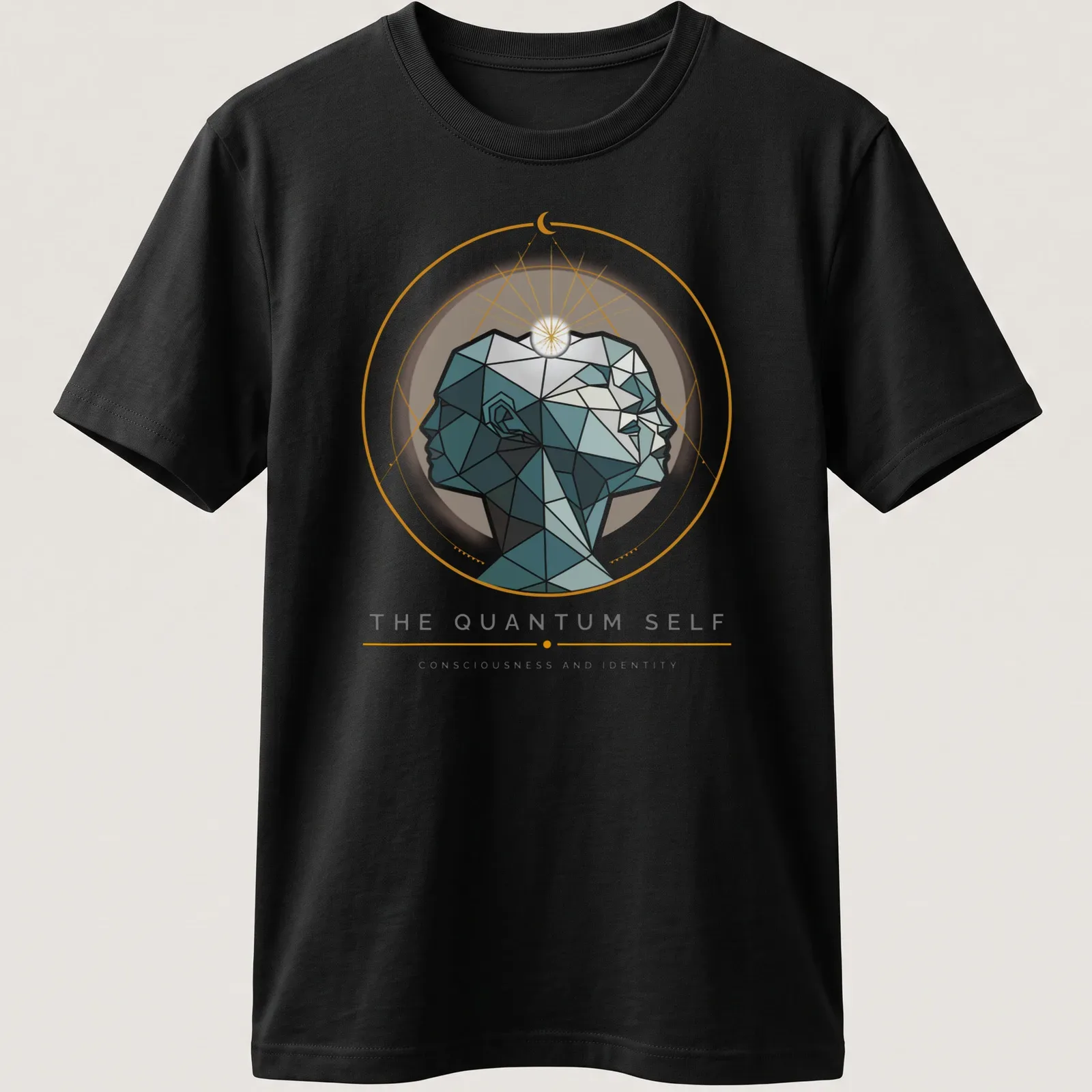Illustration of geometric human profiles with printed text about consciousness and identity. — printed on a unisex t-shirt