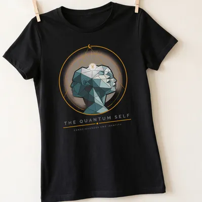 Illustration of geometric human profiles with printed text about consciousness and identity. — printed on a women's shirt