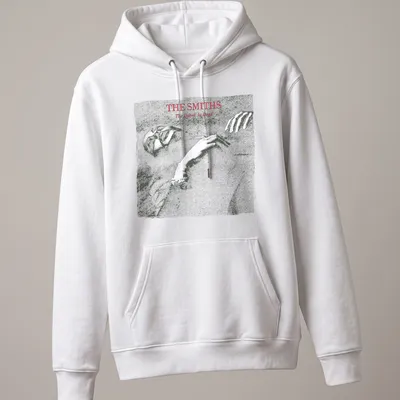 Vintage The Smiths album cover tee featuring black, white, and red colors — printed on a unisex hoodie