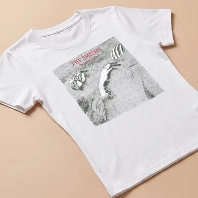 Vintage The Smiths album cover tee featuring black, white, and red colors — printed on a women's shirt