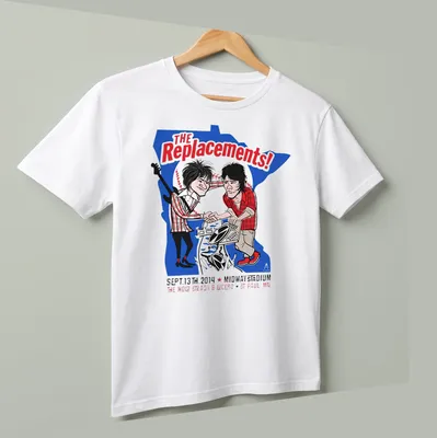 Cartoonish concert tee featuring The Replacements with vibrant colors. — printed on a unisex t-shirt (angled view)