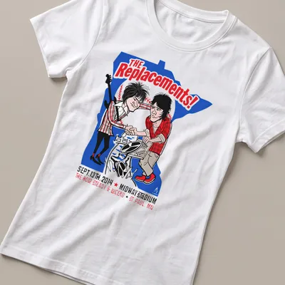 Cartoonish concert tee featuring The Replacements with vibrant colors. — printed on a women's shirt