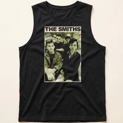 Sepia-toned portrait of The Smiths band members with their name in classic typeface. — printed on a tank top