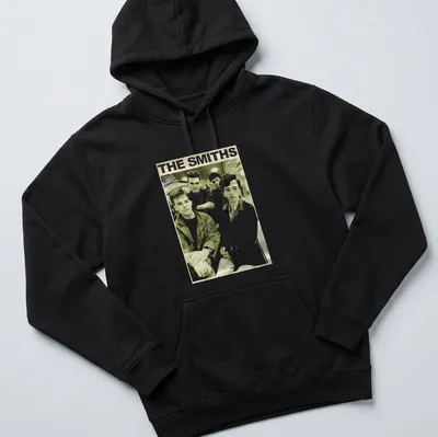 Sepia-toned portrait of The Smiths band members with their name in classic typeface. — printed on a unisex hoodie