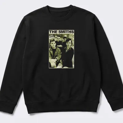 Sepia-toned portrait of The Smiths band members with their name in classic typeface. — printed on a unisex sweatshirt