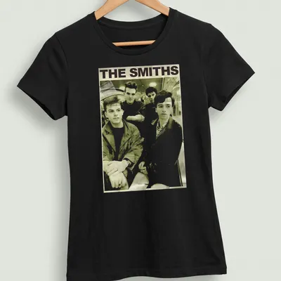 Sepia-toned portrait of The Smiths band members with their name in classic typeface. — printed on a women's shirt