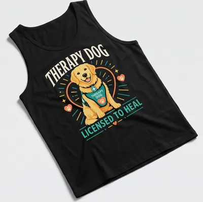 Colorful cartoon therapy dog design featuring a happy Golden Retriever. — printed on a tank top