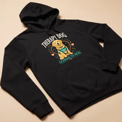 Colorful cartoon therapy dog design featuring a happy Golden Retriever. — printed on a unisex hoodie