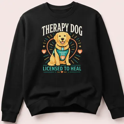 Colorful cartoon therapy dog design featuring a happy Golden Retriever. — printed on a unisex sweatshirt