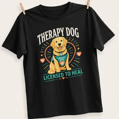Colorful cartoon therapy dog design featuring a happy Golden Retriever.