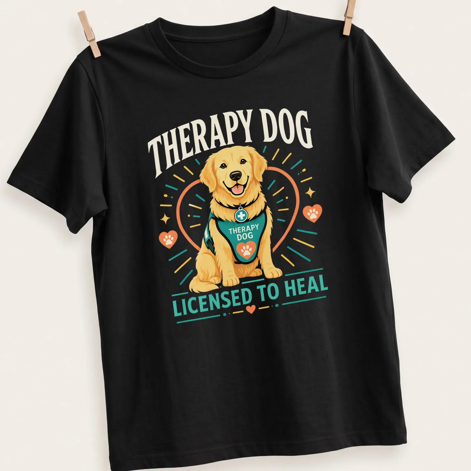 Colorful cartoon therapy dog design featuring a happy Golden Retriever. — printed on a unisex t-shirt