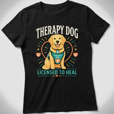 Colorful cartoon therapy dog design featuring a happy Golden Retriever. — printed on a women's shirt