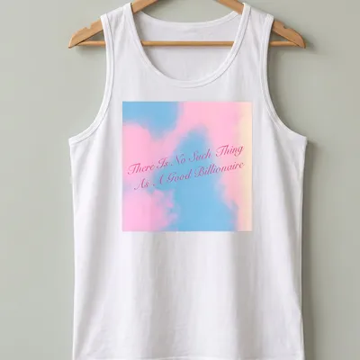 Modern script t-shirt featuring the text 'There Is No Such Thing As A Good Billionaire' in pink and light blue — printed on a tank top