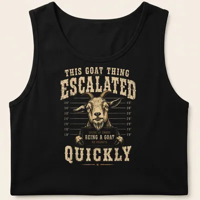 Vintage distressed t-shirt with humorous goat graphic and text — printed on a tank top