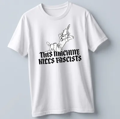 Bold line-art of Robin Hood with the phrase 'THIS MACHINE KILLS FASCISTS' in black and white