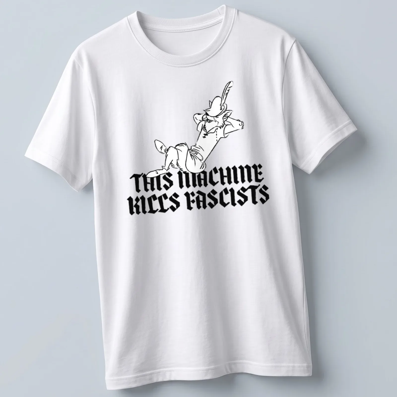 Bold line-art of Robin Hood with the phrase 'THIS MACHINE KILLS FASCISTS' in black and white — printed on a unisex t-shirt