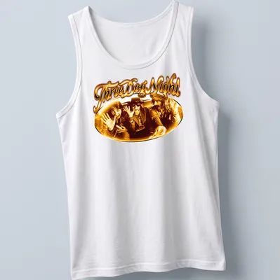 Vintage t-shirt featuring the band members of Three Dog Night in gold, brown, and black — printed on a tank top