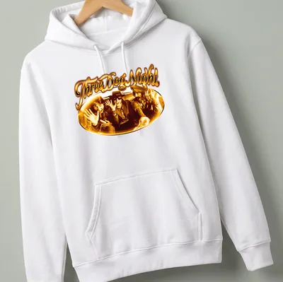 Vintage t-shirt featuring the band members of Three Dog Night in gold, brown, and black — printed on a unisex hoodie