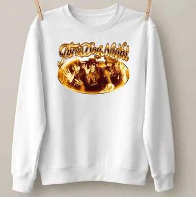 Vintage t-shirt featuring the band members of Three Dog Night in gold, brown, and black — printed on a unisex sweatshirt