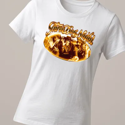 Vintage t-shirt featuring the band members of Three Dog Night in gold, brown, and black — printed on a women's shirt