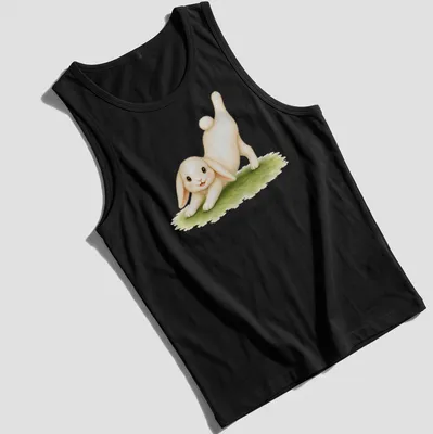 Watercolor design of a rabbit in Three Legged Dog yoga pose with green accents — printed on a tank top