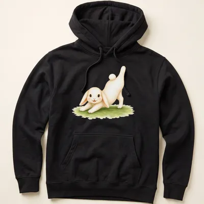 Watercolor design of a rabbit in Three Legged Dog yoga pose with green accents — printed on a unisex hoodie
